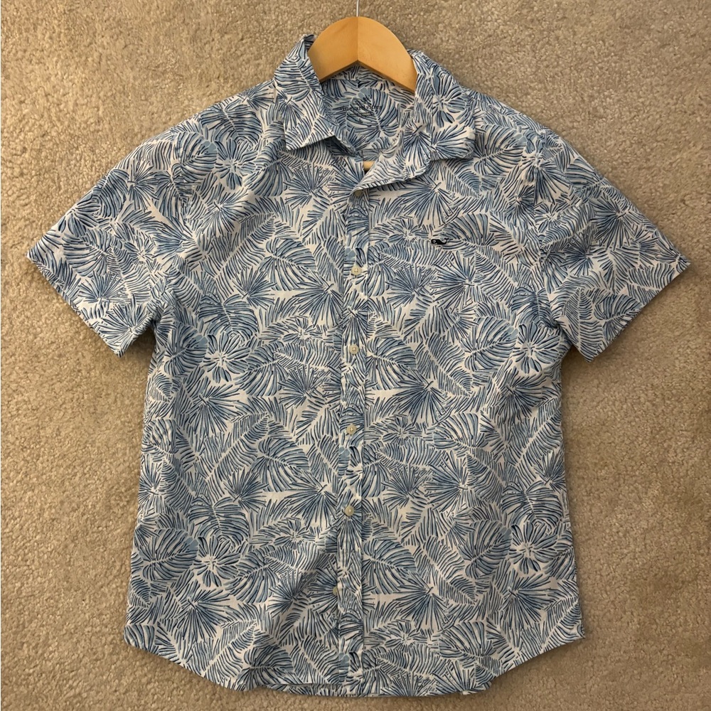 Vineyard Vines Boys Blue Leaf Print Short Sleeve Button Down